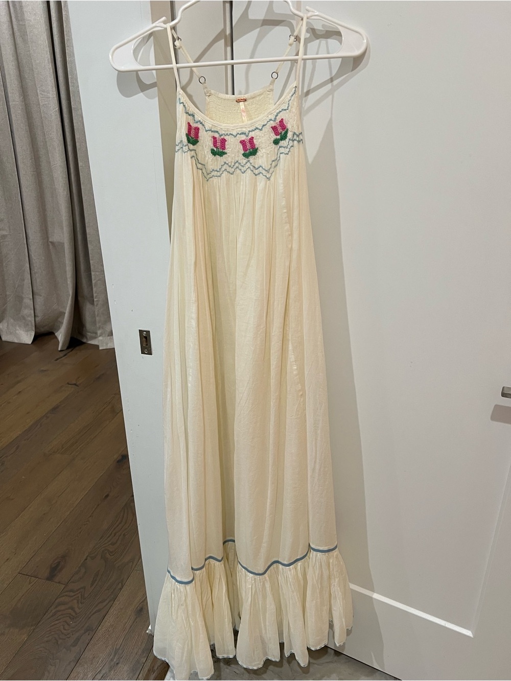 Free People Cream Maxi Dress with Pink & Green Embroidery